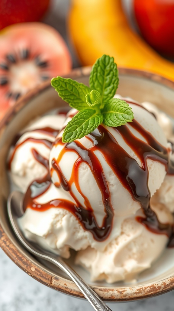 A bowl of vanilla ice cream with chocolate sauce and mint, on a rustic table.